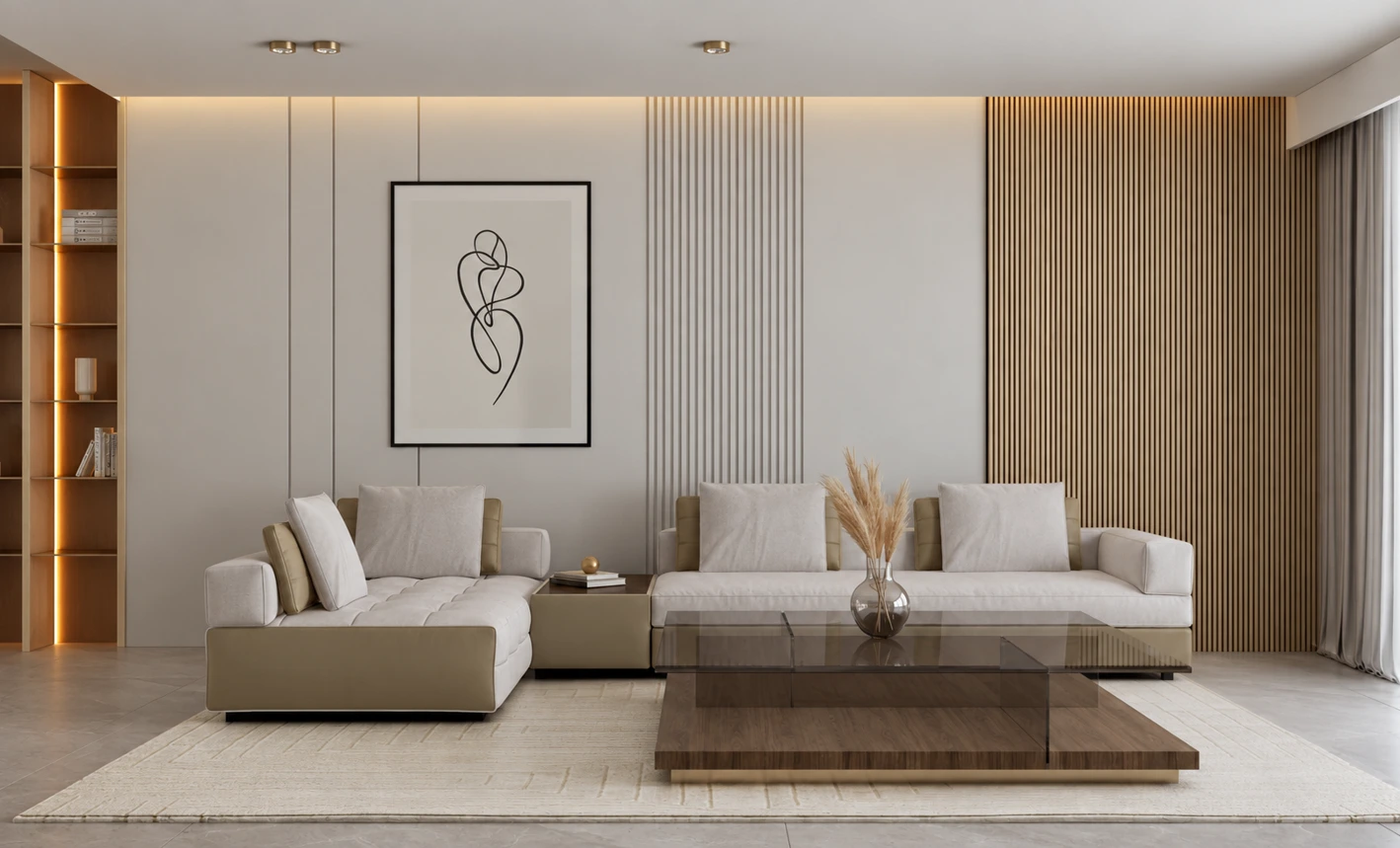 Contemporary living room with warm timber panelling