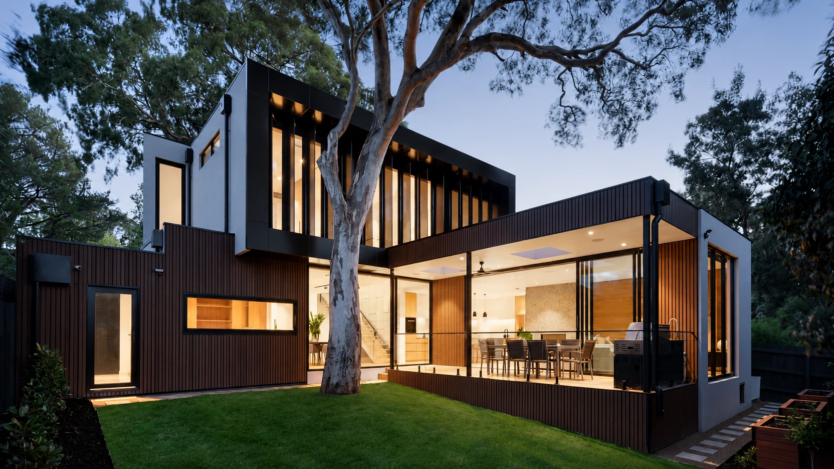 Contemporary residence among trees at dusk